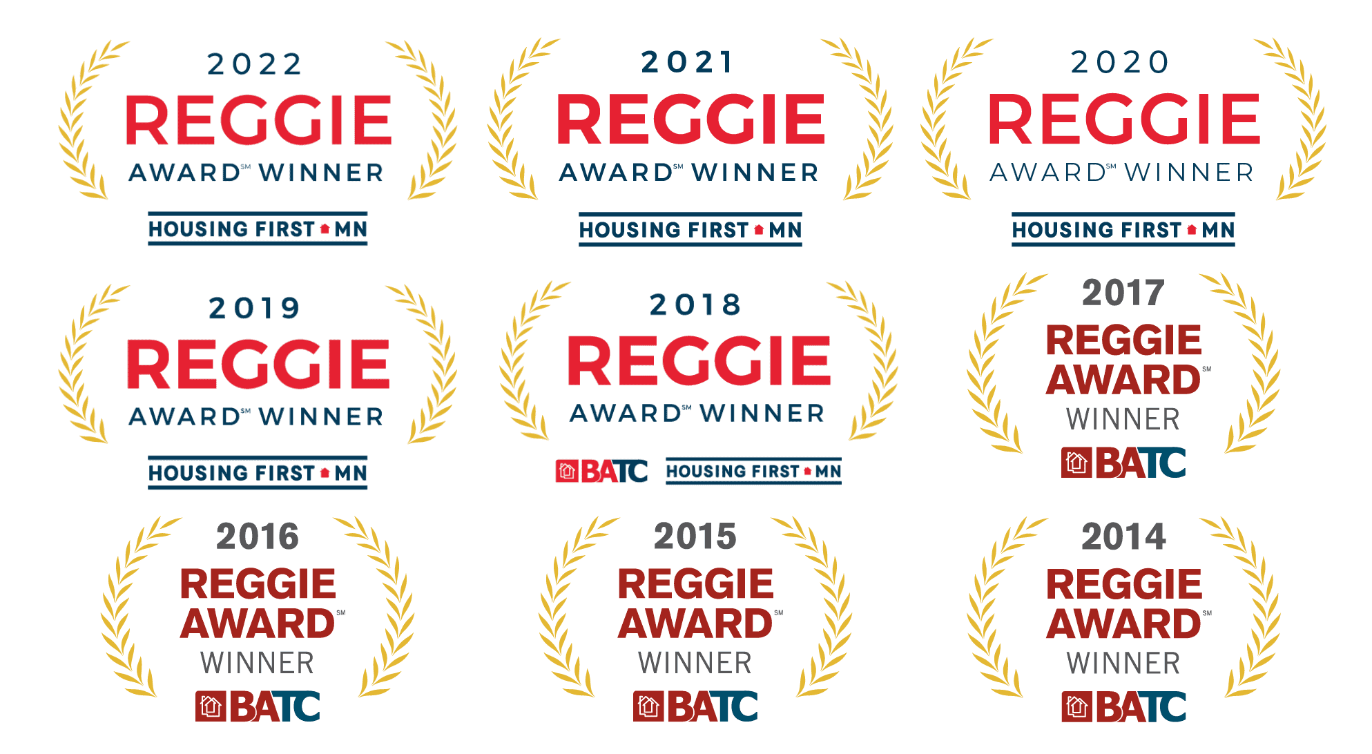 grid of Reggie Award Logos from 2014 through 2022